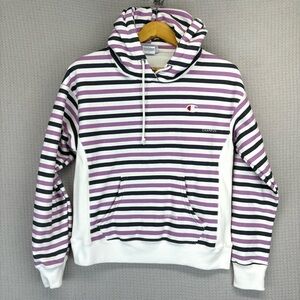 Champion Women’s Reverse Weave Pullover Hoodie Purple Striped Size S Boho Comfy